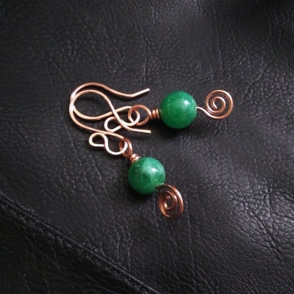 Forest Whispers ~ Graceful Feminine Copper Swirl Earrings with Green Stone Beads - Picture 6 of 9